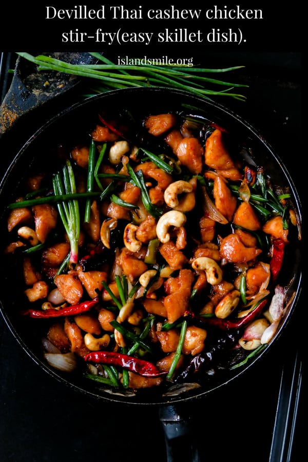 Devilled thai cashew chicken stir-fry- an easy, take-out style skillet dish. the combination of chicken and crunchy cashews in a thick sweet and spicy sauce you can season, adjust to your needs. the stir-fry is great to perk up your meals with its unique flavors.#food #recipe #cooking #chicken #meals #skillet #quick #stir-fry #chicken #thai #lunch #sweetandspiicy