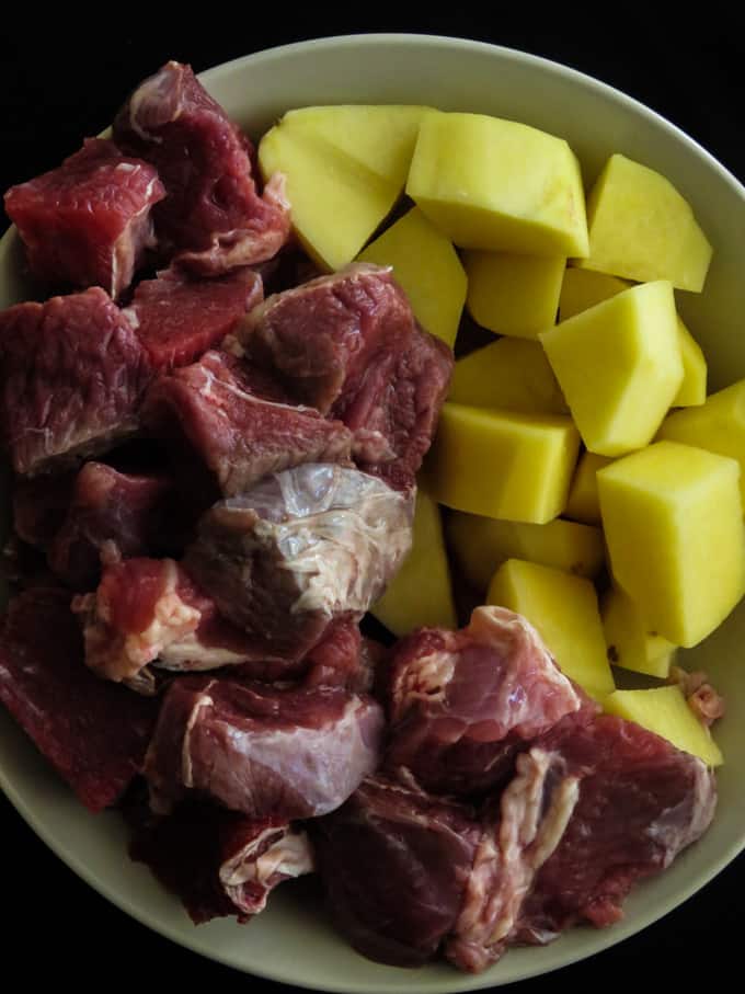 beef and potato cut for the alu gosht curry.