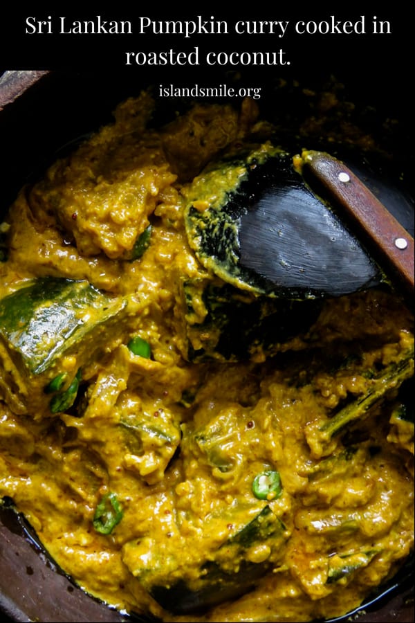 Sri Lankan pumpkin curry in roasted coconut also known as "kalu pol wattakka", a much more creamier, thicker pumpkin curry than what you'll be accustomed to, try it. #srilankan #curry #vegan #vegetarian 