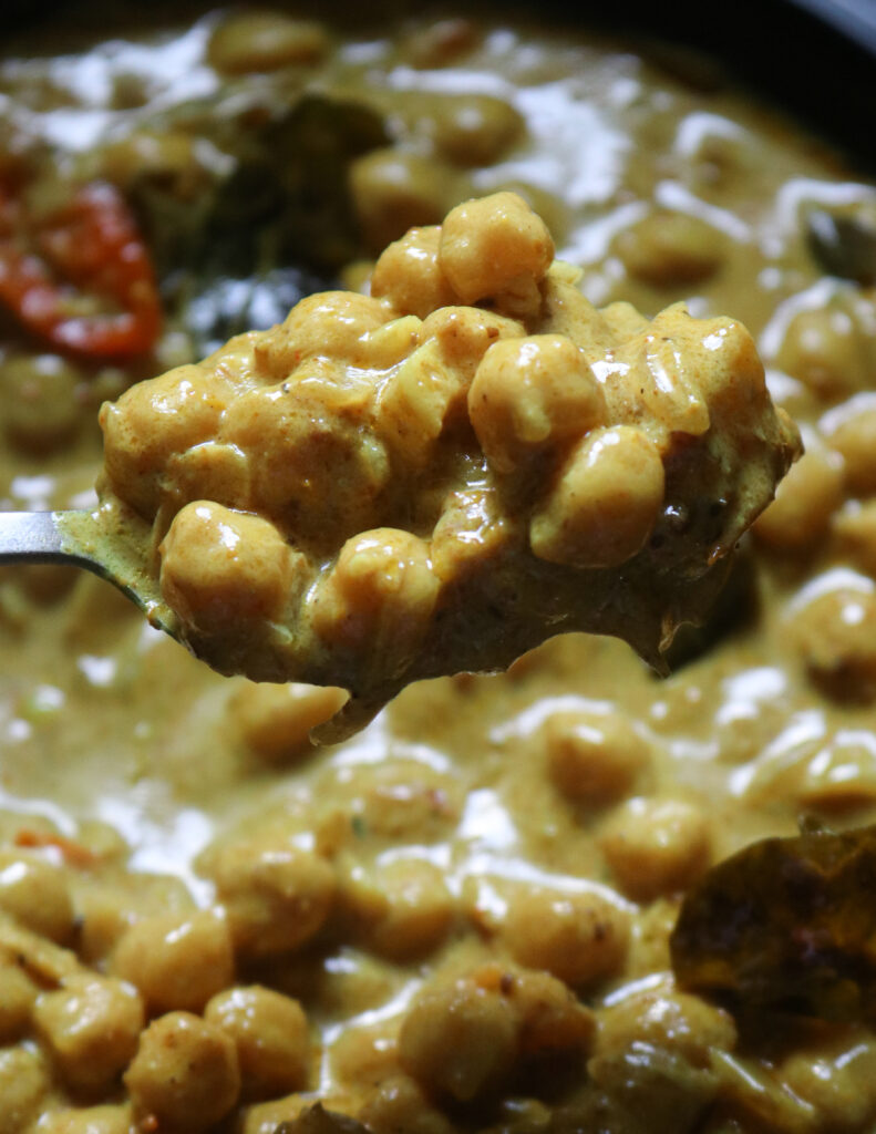 spoon with some thick chickpea curry