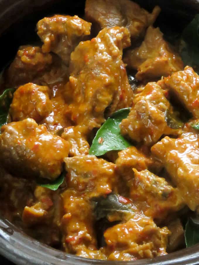 coconut beef curry close up with curry leaves.