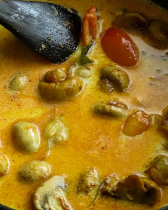 adding coconut milk to the mushroom curry.