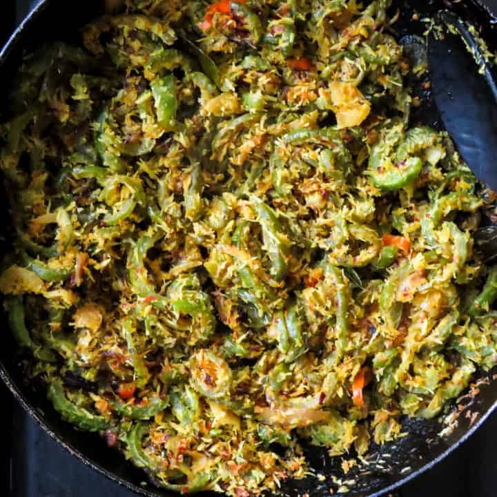 Sri Lankan snake gourd stir-fry(pathola mallung)-  Next time you pass by a farmers market or a vegetable stall pick up a snake gourd to make this easy vegan, vegetarian stir-fry.  