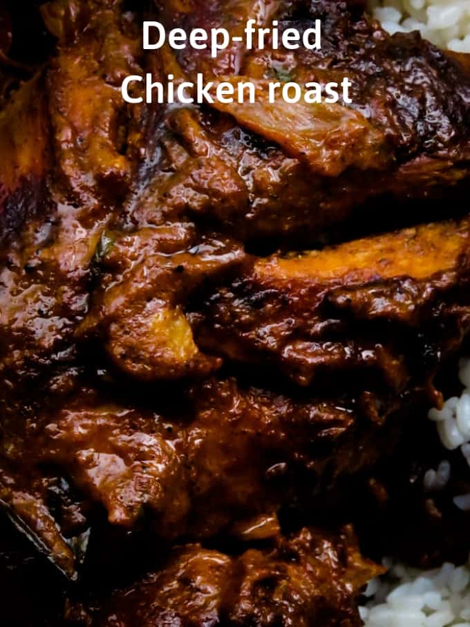 Deep fried Indian masala whole chicken roast-  A mix of fragrant spices, marinated for hours then deep-fried. golden brown crispy on the outside and tender meat on the inside that you'll love biting into. #meals #chicken #roast #deepfried #indian 