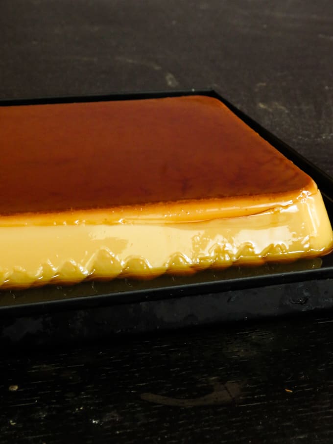 caramel custard made in a pyrex dish.