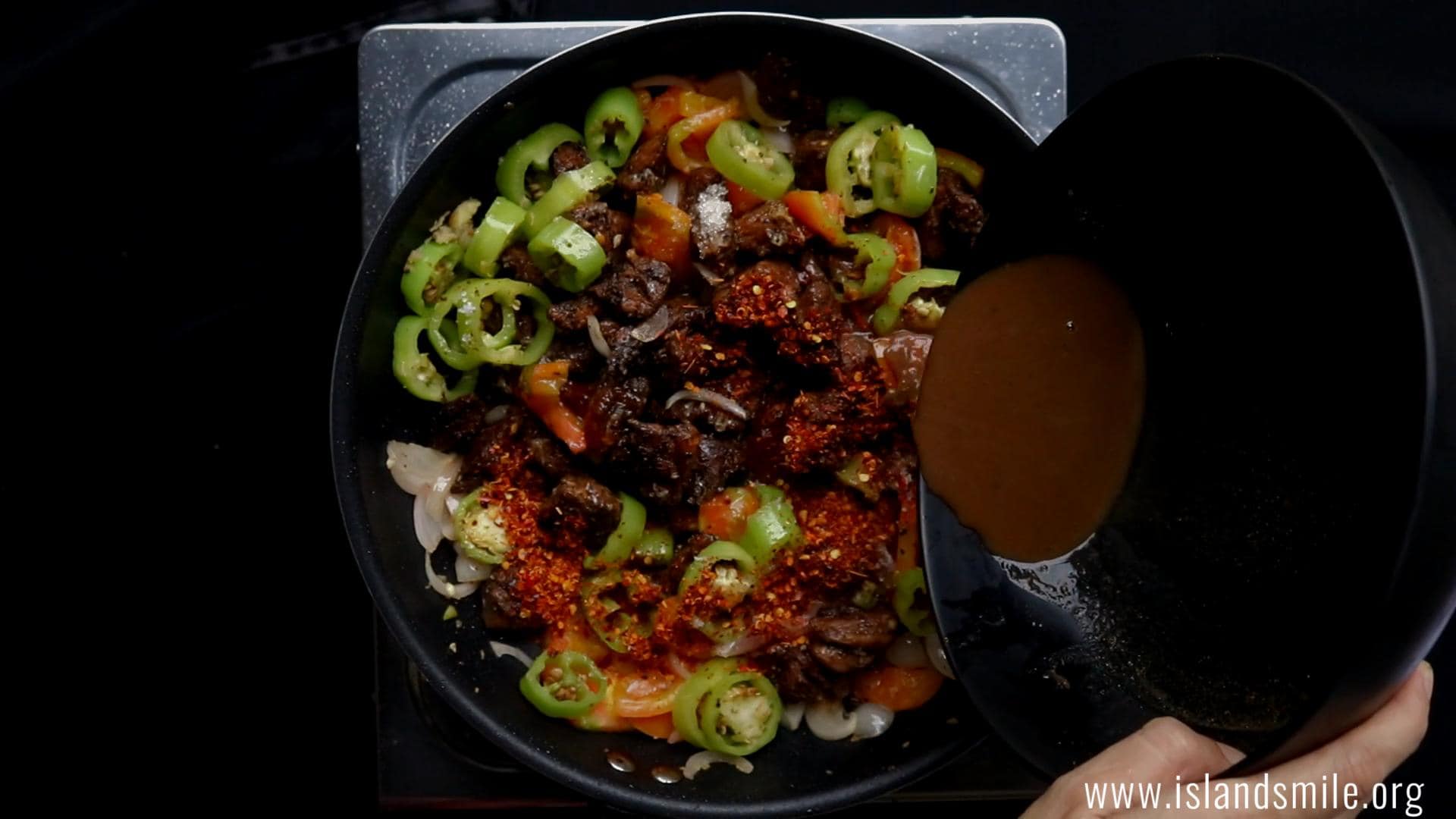 add the red chilli flakes, and the marinade to the skillet.