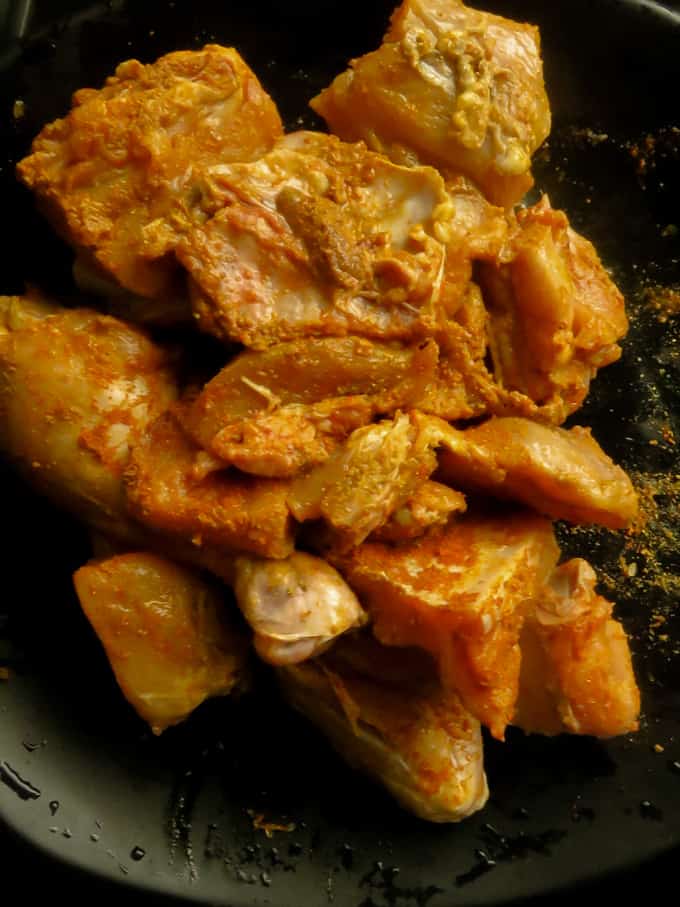 marinated chicken parts to make the sri lankan chicken curry.