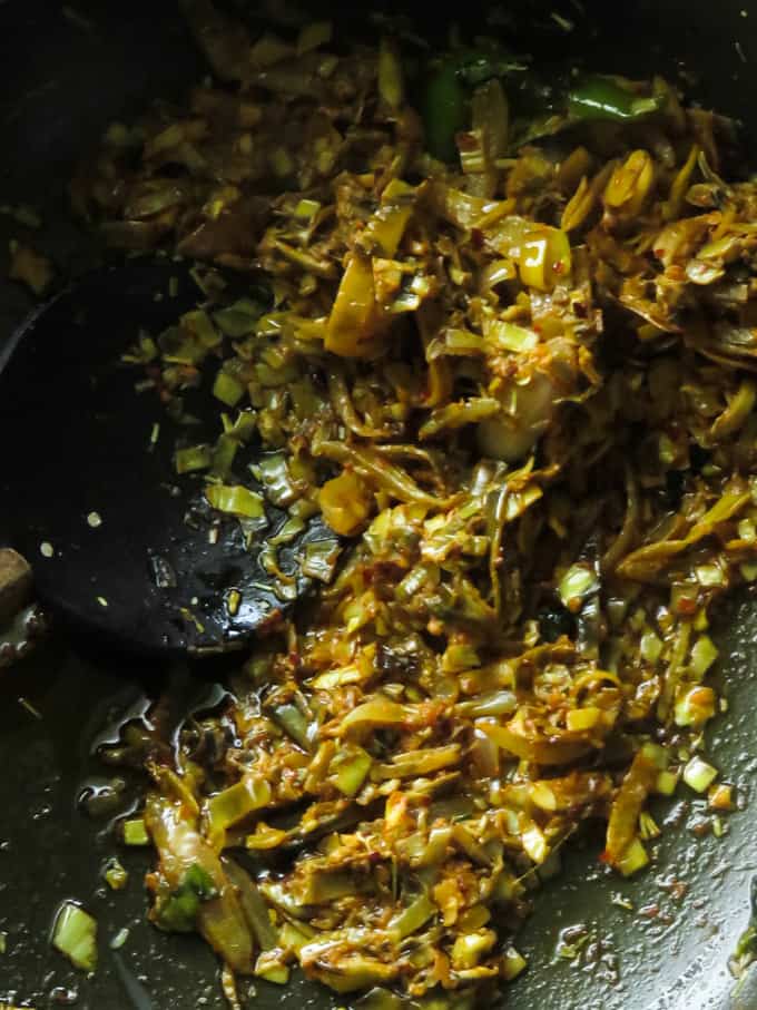 cooking the chopped banana blossom .