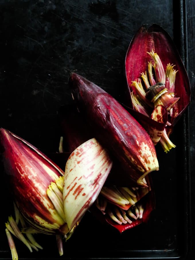 image of a banana flower with the leaves peeled off.