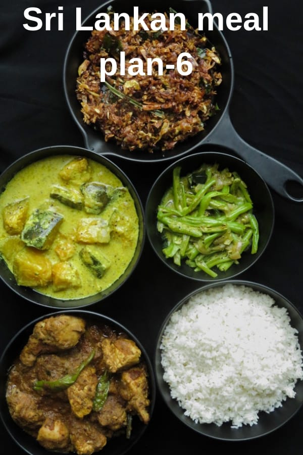 A homemade meal plan to indulge yourself in traditional Sri Lankan food. Kalupol chicken curry, creamy pumpkin curry, bean curry and banana flower stir-fry. #SriLankan #mealplan #riceandcurry #lunch #menu #curry A homemade meal plan to indulge yourself in traditional Sri Lankan food. Kalupol chicken curry, creamy pumpkin curry, bean curry and banana flower stir-fry. #SriLankan #mealplan #riceandcurry #lunch #menu #curry