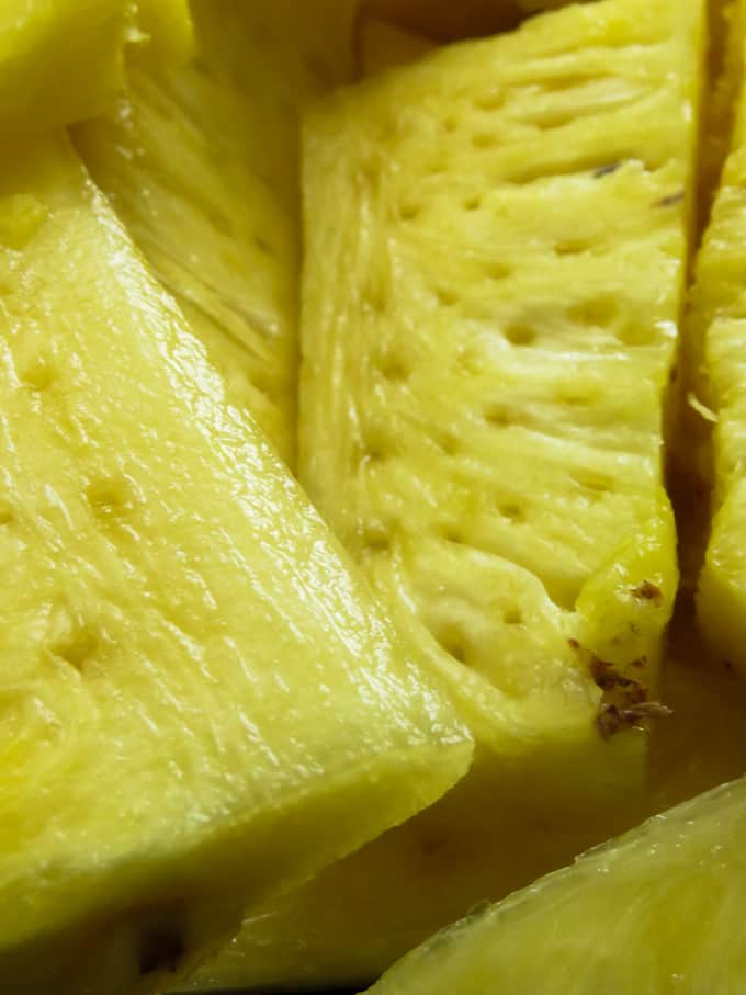 A well known Sri Lankan sweet served at weddings and Eid festival. Pineapple dosi is part candied fruit and preserved pineapple chunks in a sugary syrup. 