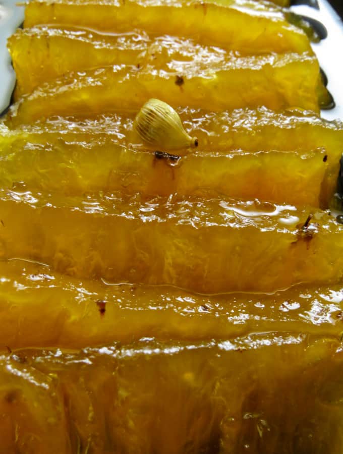 Traditional Sri Lankan muslim and malay sweet called dosi where Pineapple is cooked in Sugar syrup.