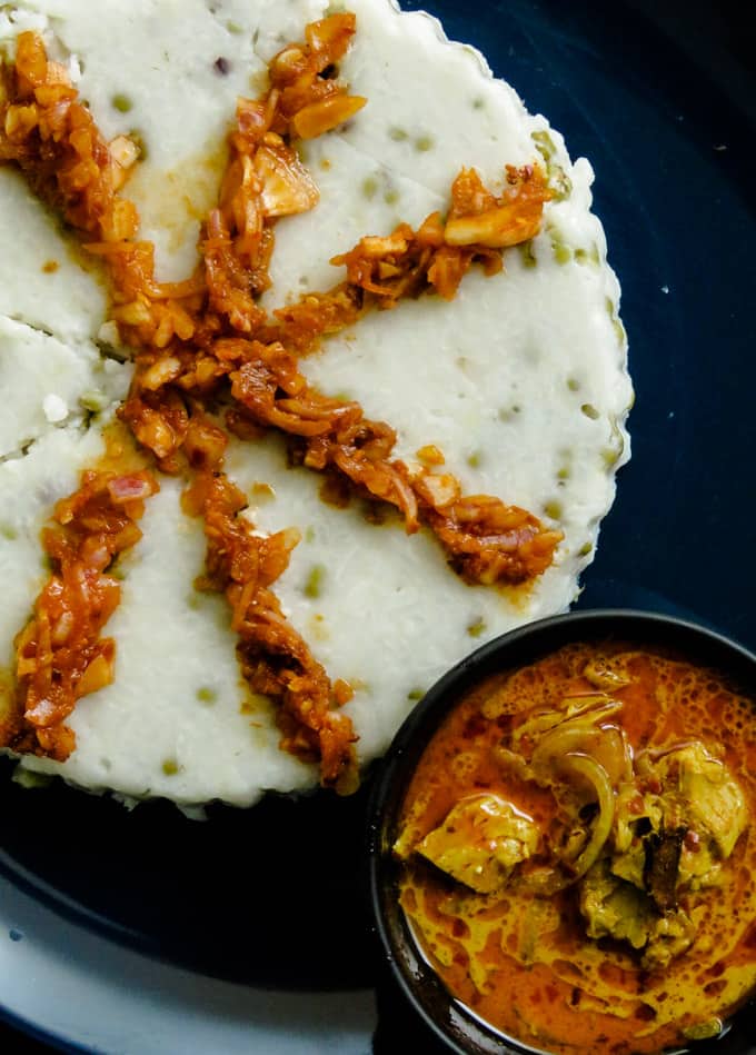 Sri Lankan green gram kiribath, another version of the popular Sri Lankan milk rice dish. Adding mung beans to the kiribath add another level of texture to the traditional dish.