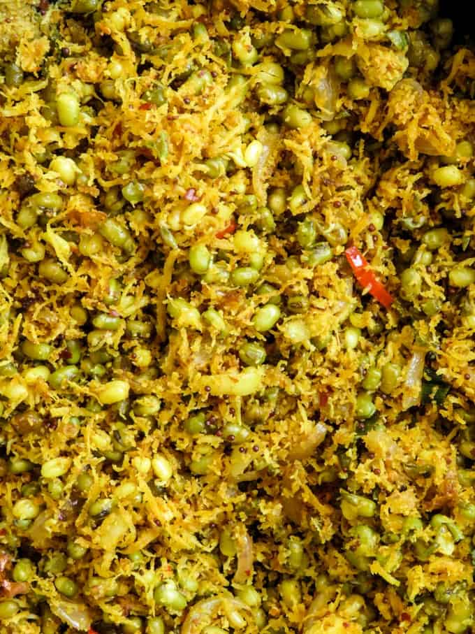 Sri Lankan green gram sambol with coconut, easy skillet salad for rice and curry.