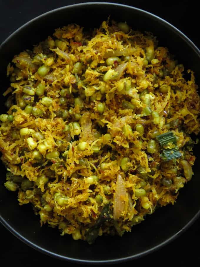 green mung dhal sambol cooked for a Sri Lankan meal plan.