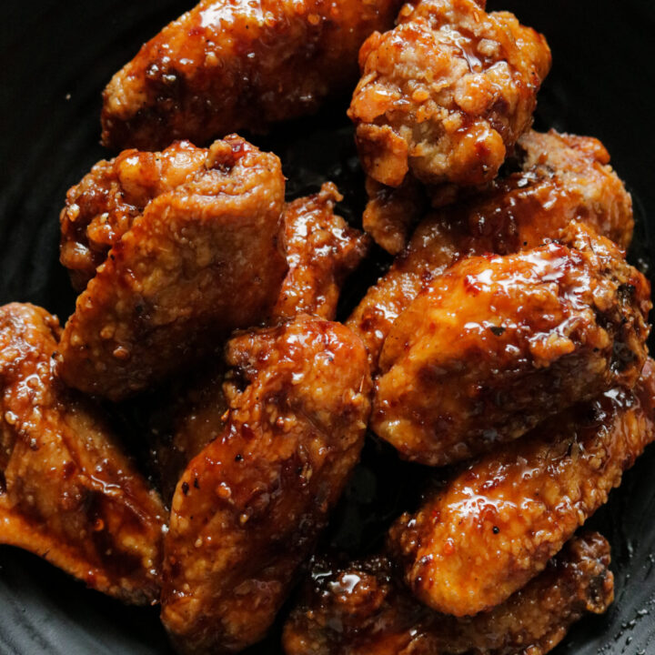 spicy pan fried chicken wings in teriyaki sauce.