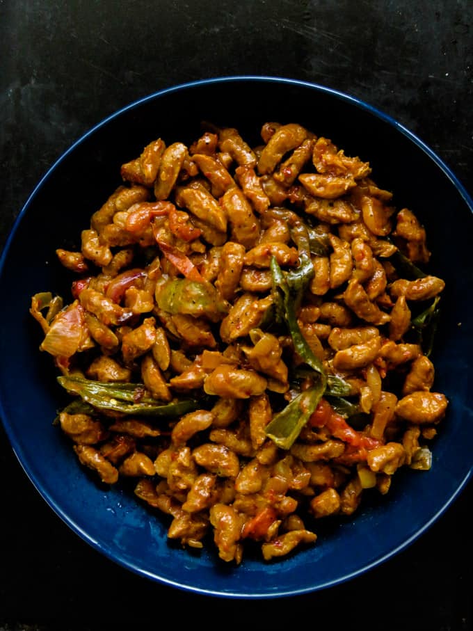 Soya chunks cooked into a Sri Lankan devil curry. Gets you the plant-based protein you need. delicious yet vegetarian side-dish that you can serve for your next meatless meal.