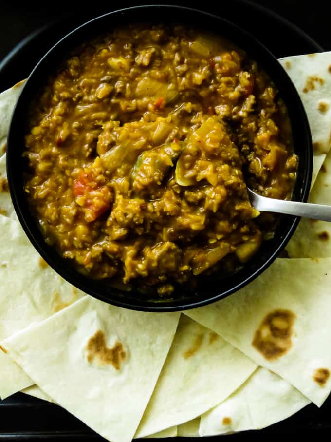 red lentil(dhal)and ground beef chili. This ground beef and lentil chili are for hectic days or days that you're tired to serve a full spread meal but still insist on making meals for the family instead of takeout.