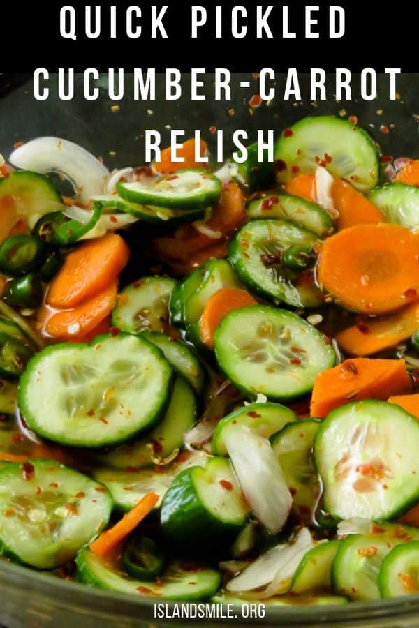 A spicy, sweet and sour cucumber salad to serve with all your grilled meats or just to munch on.  It takes less than 15 minutes to put together this bowl of cucumber-carrot relish with extra green chillies and red chilli flecks for those of you who love a punch of heat to their pickled vegetables.