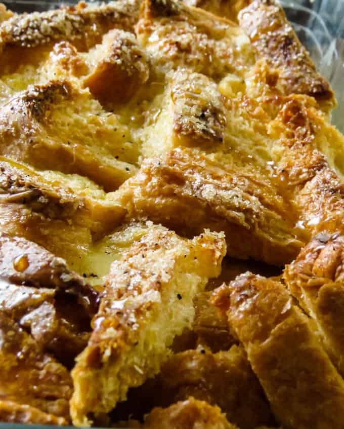 Cinnamon spiced and baked in an egg and milk custard and then baked till golden brown perfection with a dash of brown sugar and cinnamon. This old fashioned bread and butter pudding casserole makes the perfect dessert.