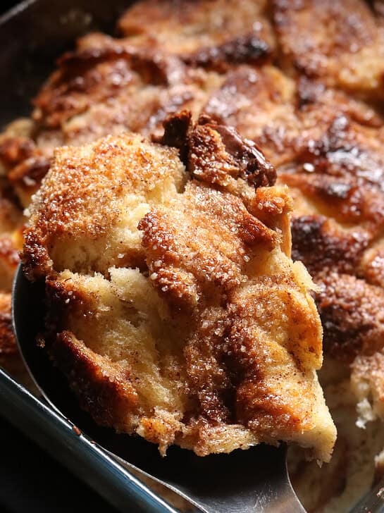 Old-fashioned bread and butter pudding with a golden cinnamon-sugar crust