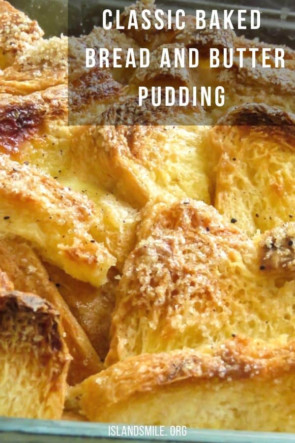Classic baked bread and butter pudding. Cinnamon spiced then baked in an egg and milk custard until you have a golden brown bread crust on top sprinkled with a dash of brown sugar and cinnamon. #dessert #breakfast #breadandbutter #pudding #easy #casserole 