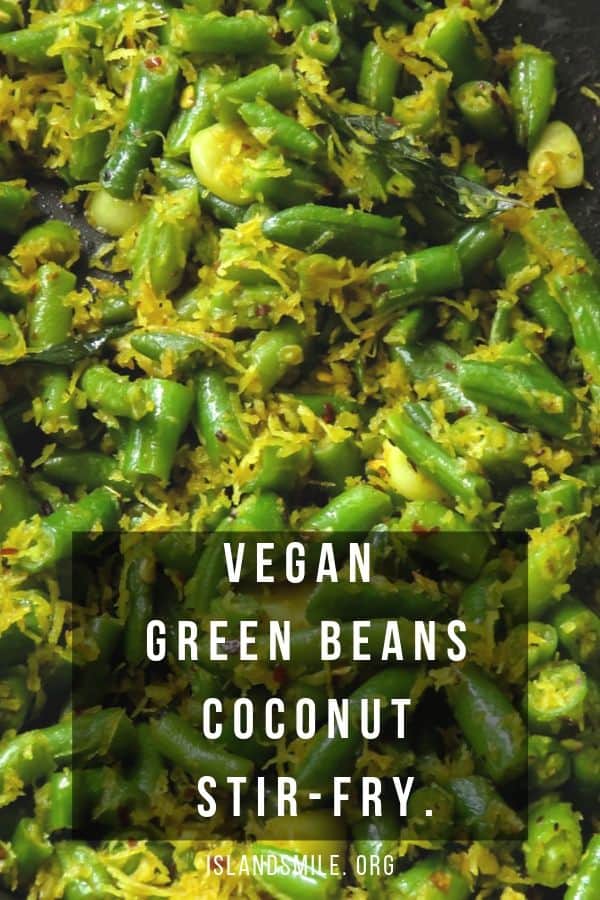 Vegan green beans and coconut stir-fry. A healthy side-dish made in minutes using green beans and shredded coconut.  #vegetarian #glutenfree