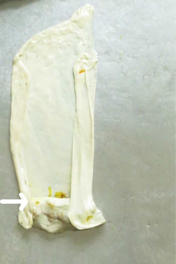 The third fold for vegetable filling to make the Sri Lankan vegetable roti.