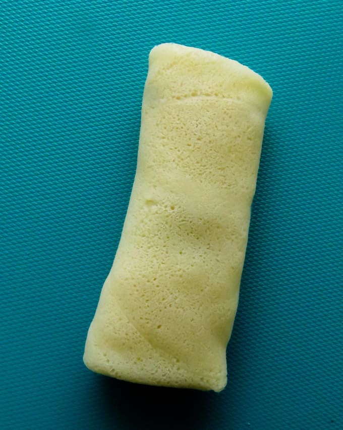 A fish roll pancake rolled the correct way.