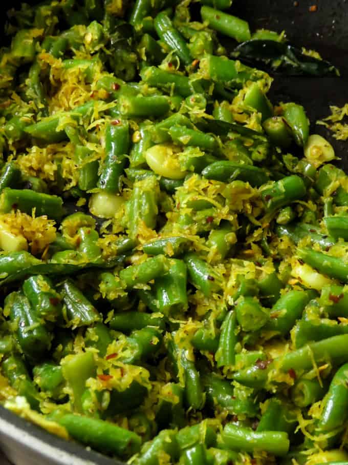 Pan stir fried beans and shredded coconut Sri Lankan style.