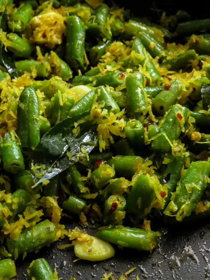 green beans stir-fried with coconut and Sri Lankan spices.