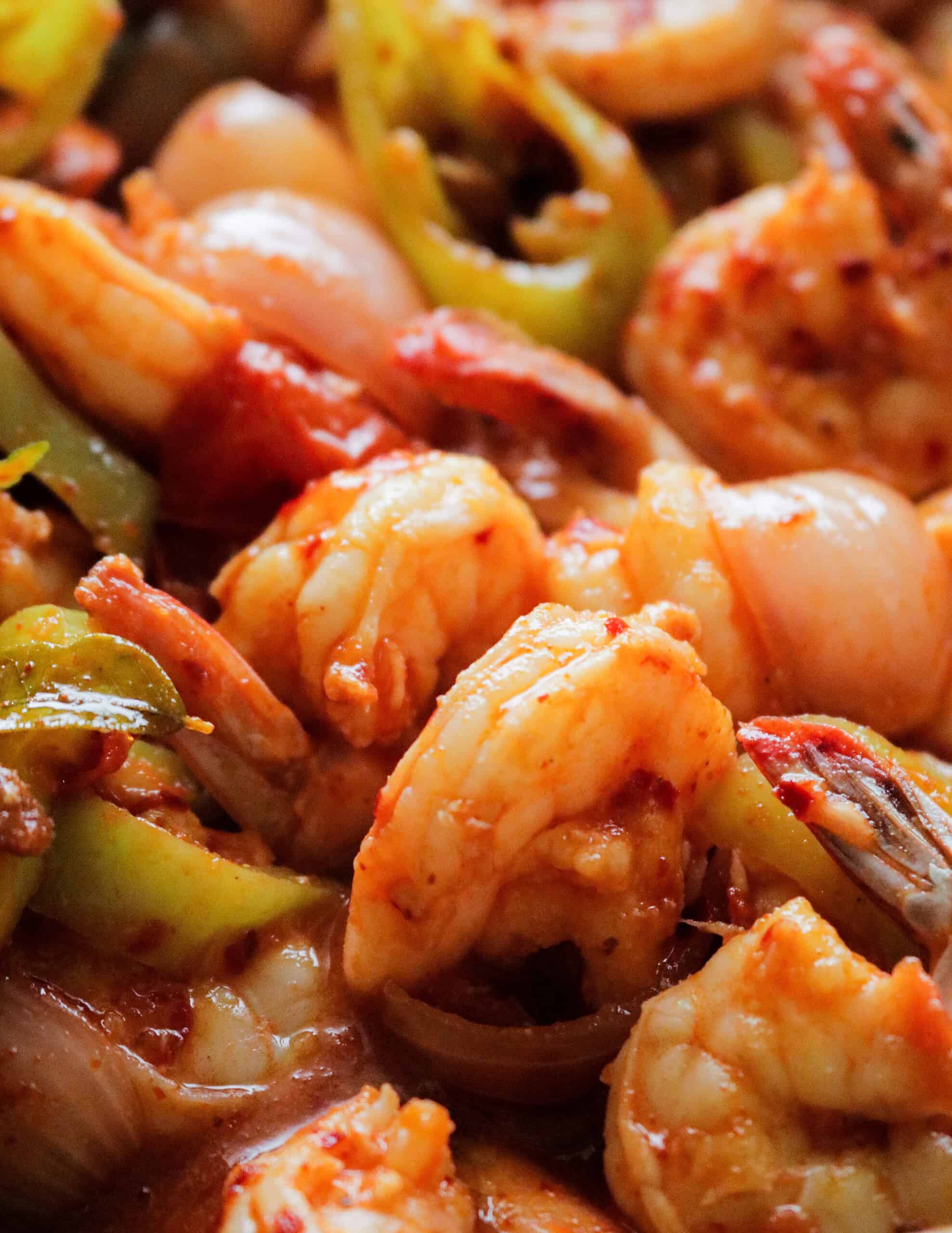 spicy Sri Lankan devilled prawns.