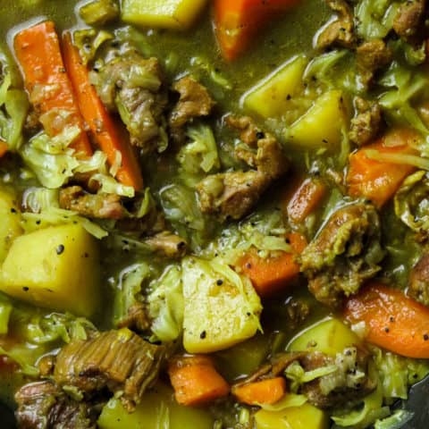 homemade beef stew with cabbage and vegetable.