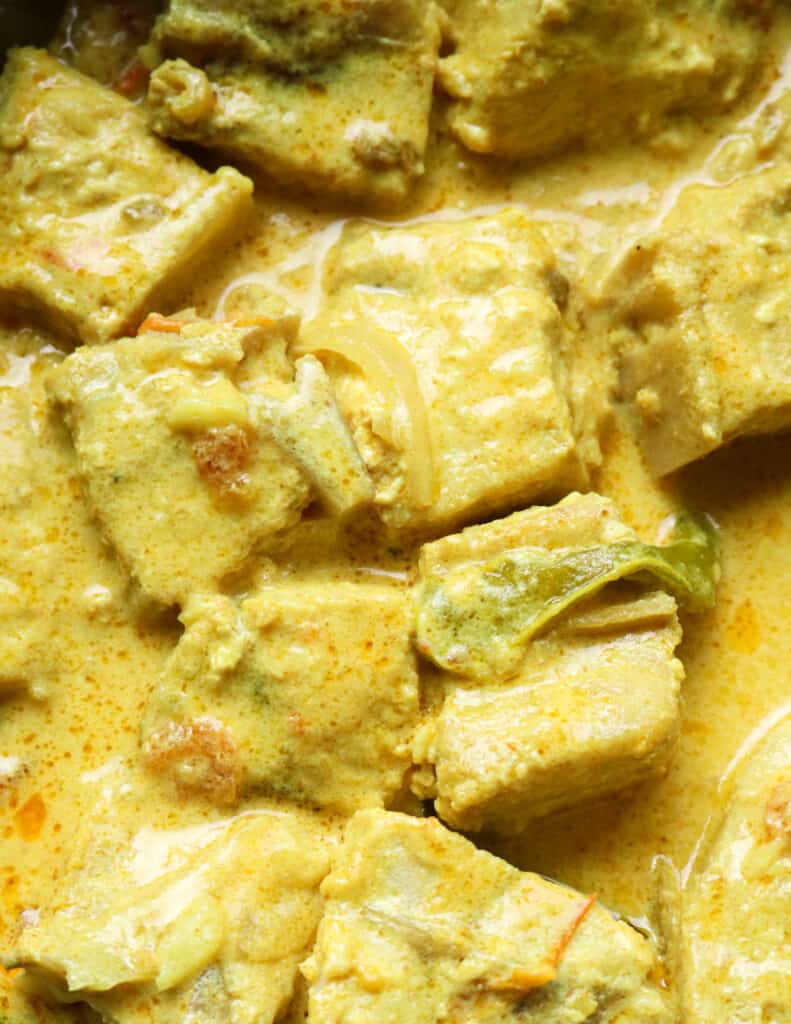 creamy coconut milk fish curry with green chillies.