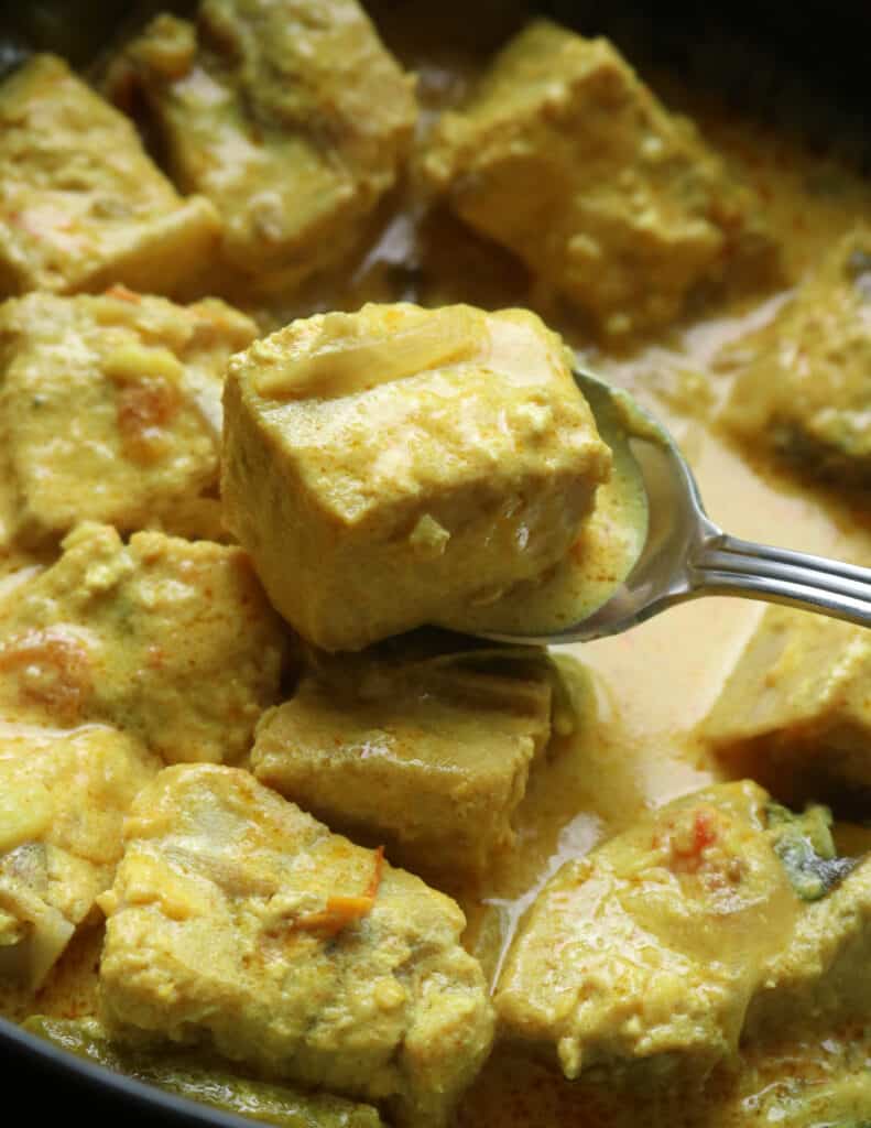 scooping a chunk of fish with a silver spoon from a creamy fish curry