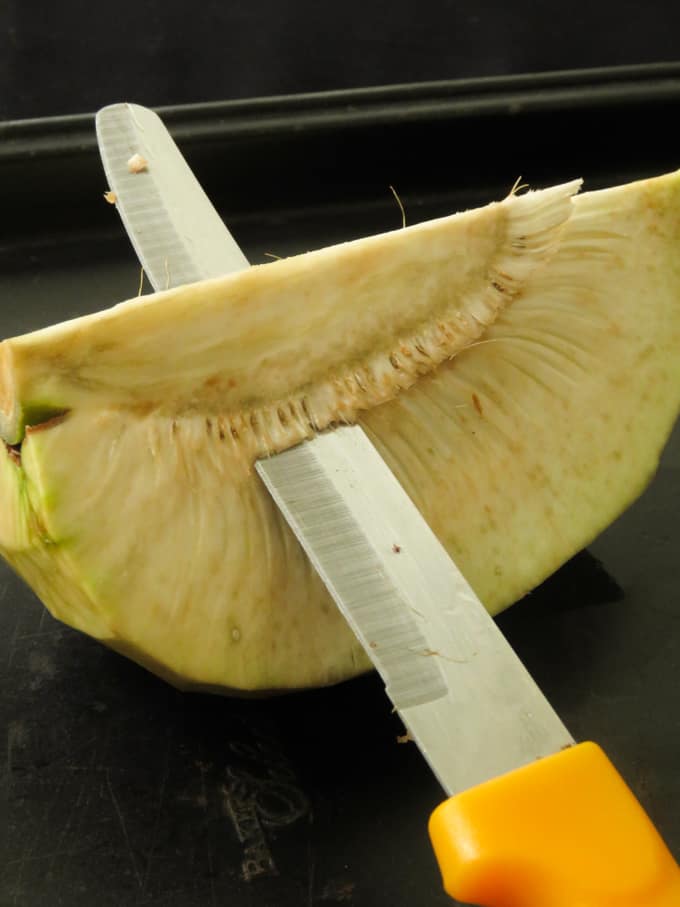 how to cut the core of a breadfruit.