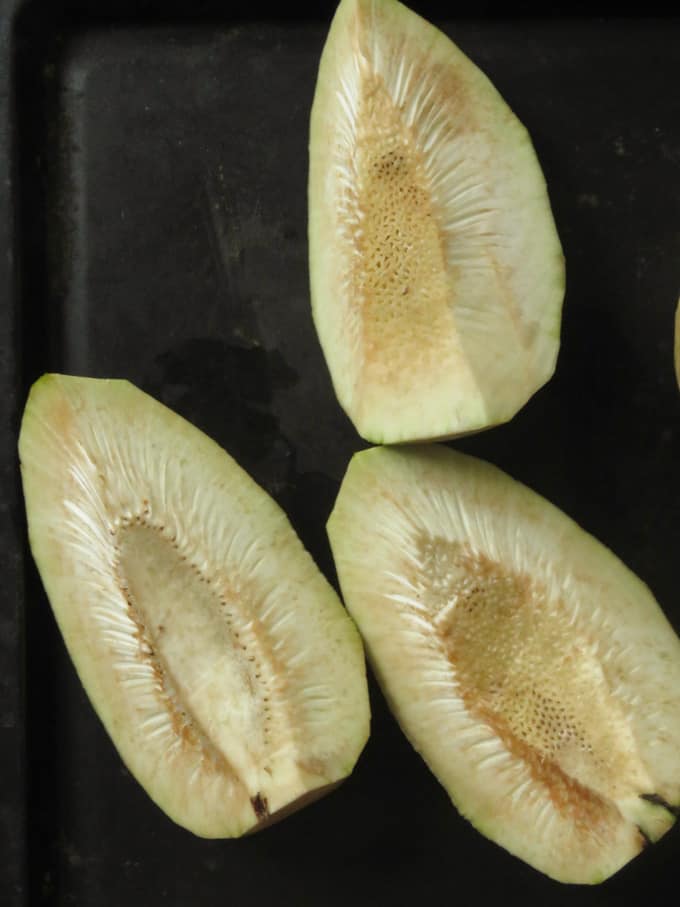 slices of breadfruit ready to cook.