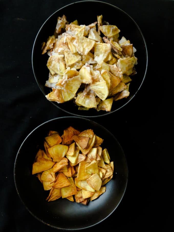 bowls of fried breadfruit chips sweet and spicy versions