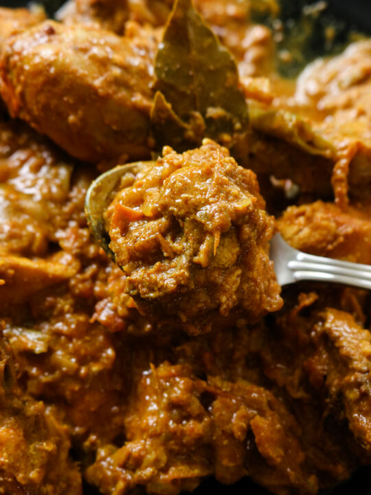 Indian chicken curry served from a spoon.