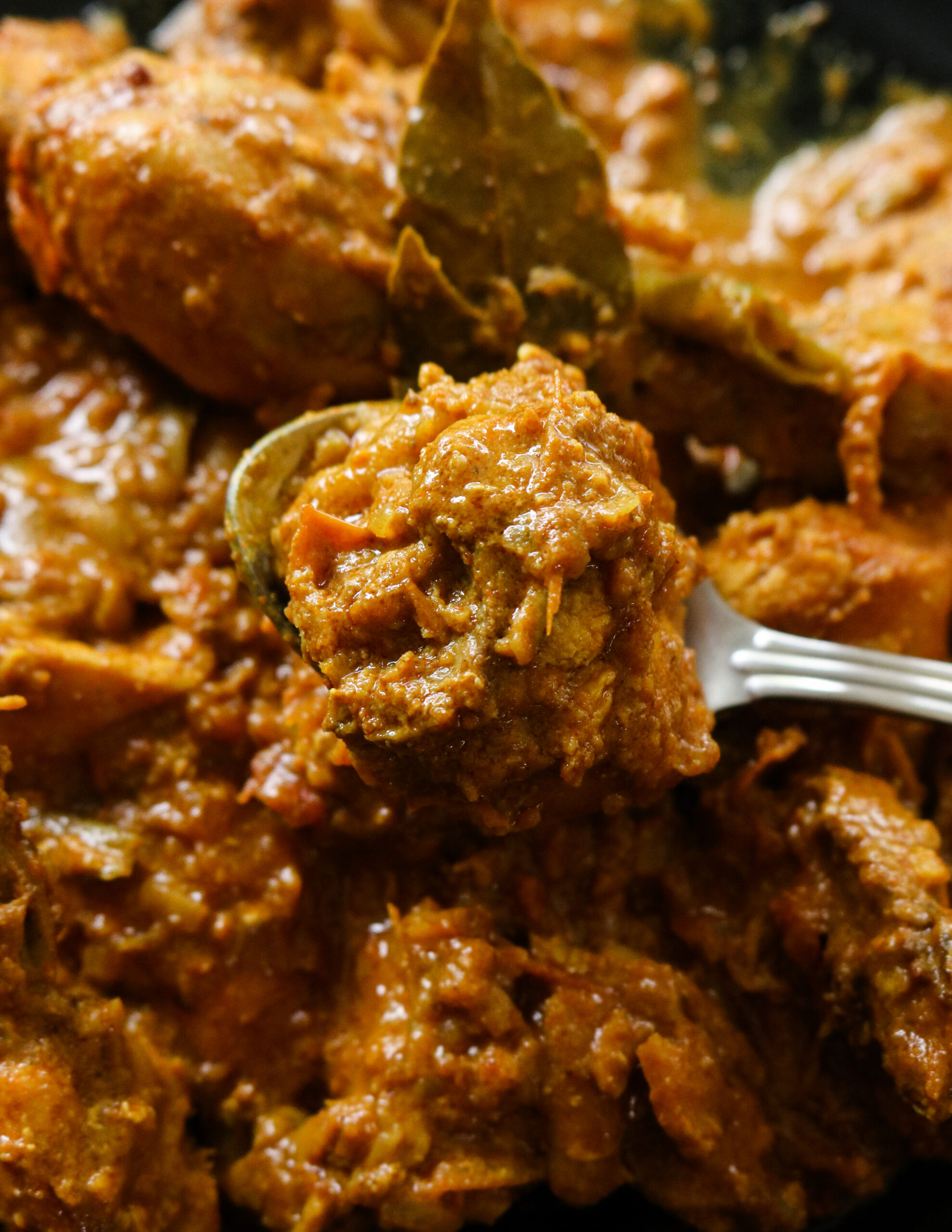 Indian chicken curry served from a spoon.
