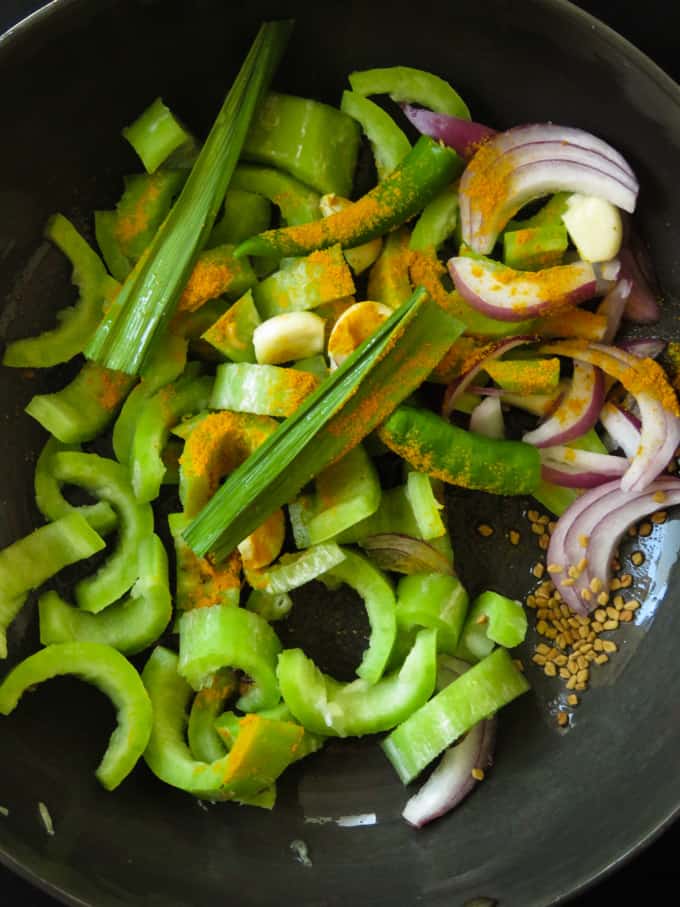 ingredients for snake gourd curry.