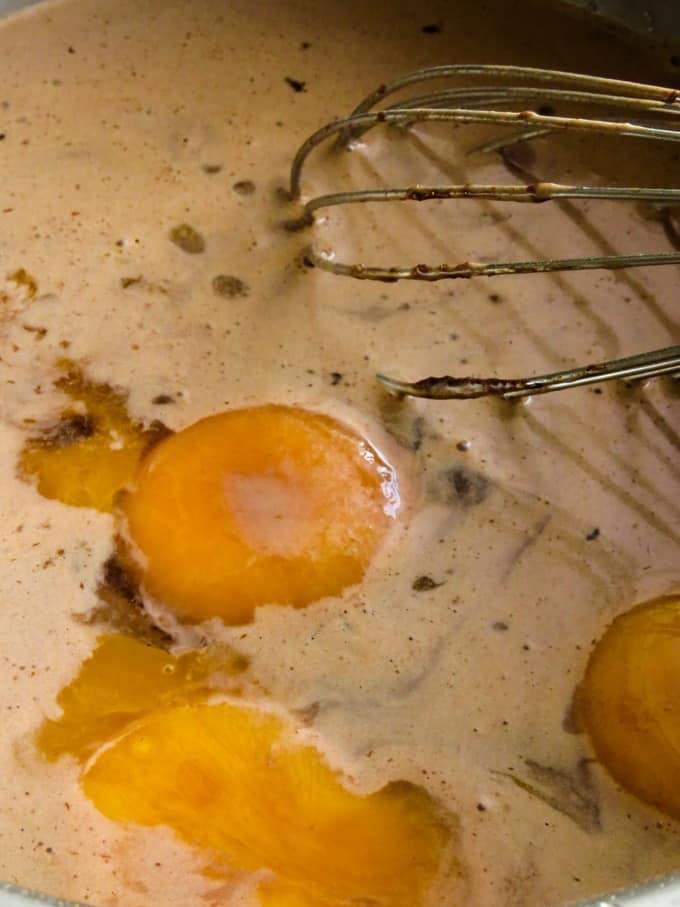 adding eggs to the chocolate pudding.