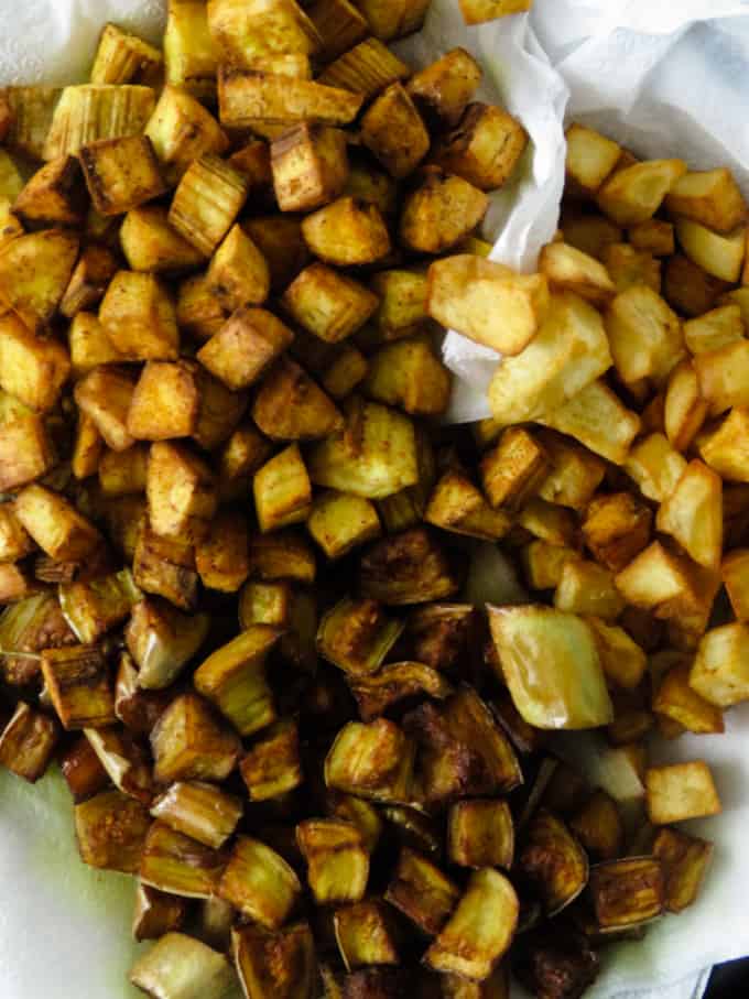 fried brinjals, potatoes, ash plantain.