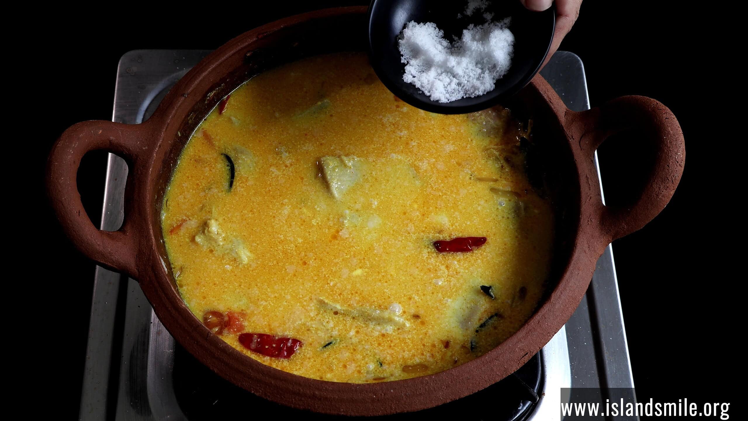 adding thick coconut milk and salt seasoning to cook the white fish curry.