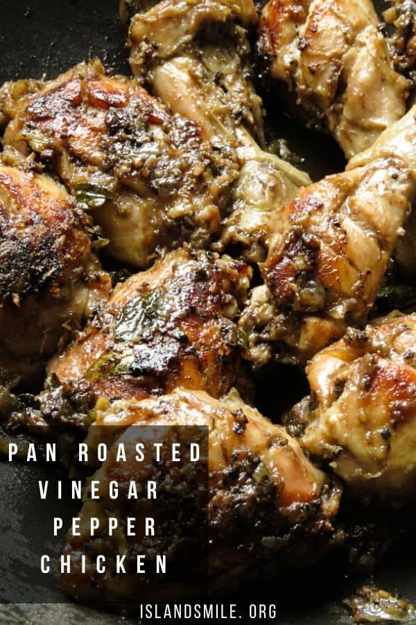 An easy vinegar chicken recipe full of flavor using basic spices like ginger-garlic paste, pandan leaf and freshly ground pepper.  This skinless chicken thigh and leg recipe is pan-fried or roasted over a stovetop using a wok.