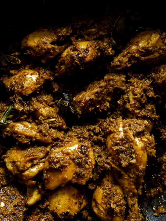 a dry rendang chicken curry at the end of the cooking process.