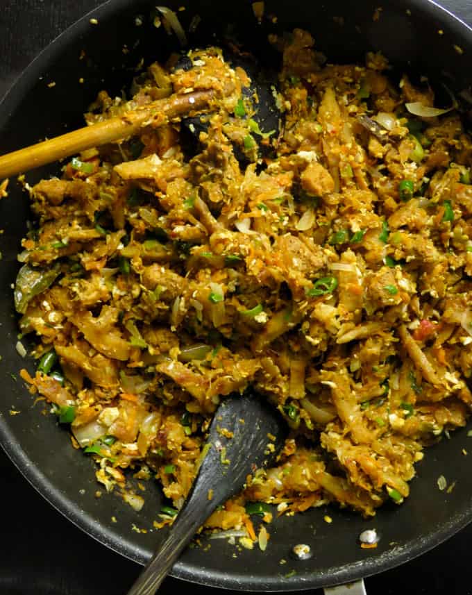 Sri Lankan chicken kottu roti in a wok.