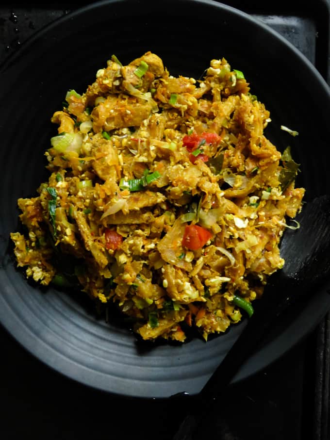 Sri Lankan chicken kottu in a plate.