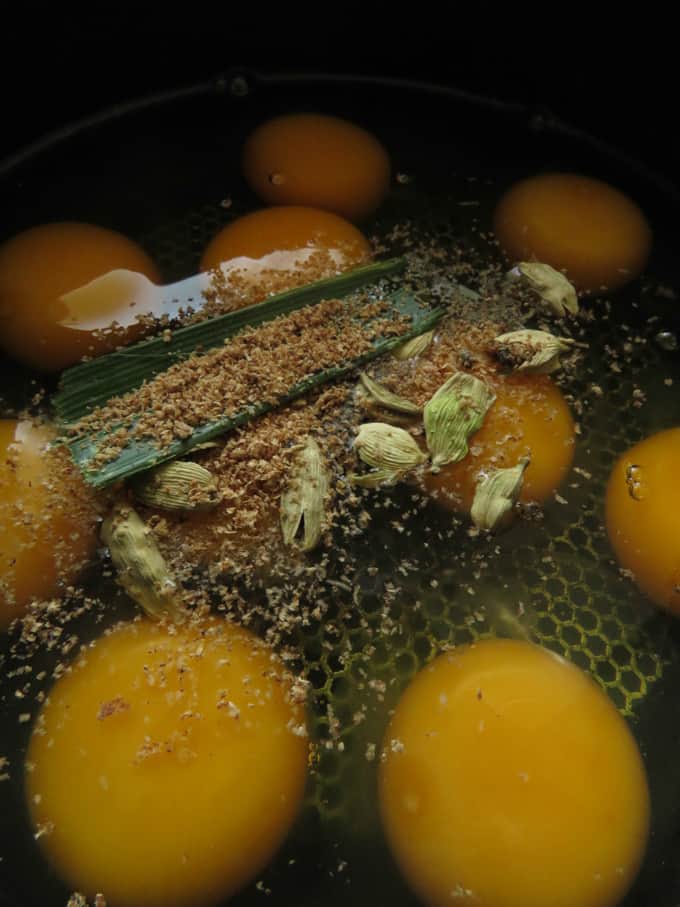 adding whole spices to the egg mixure.