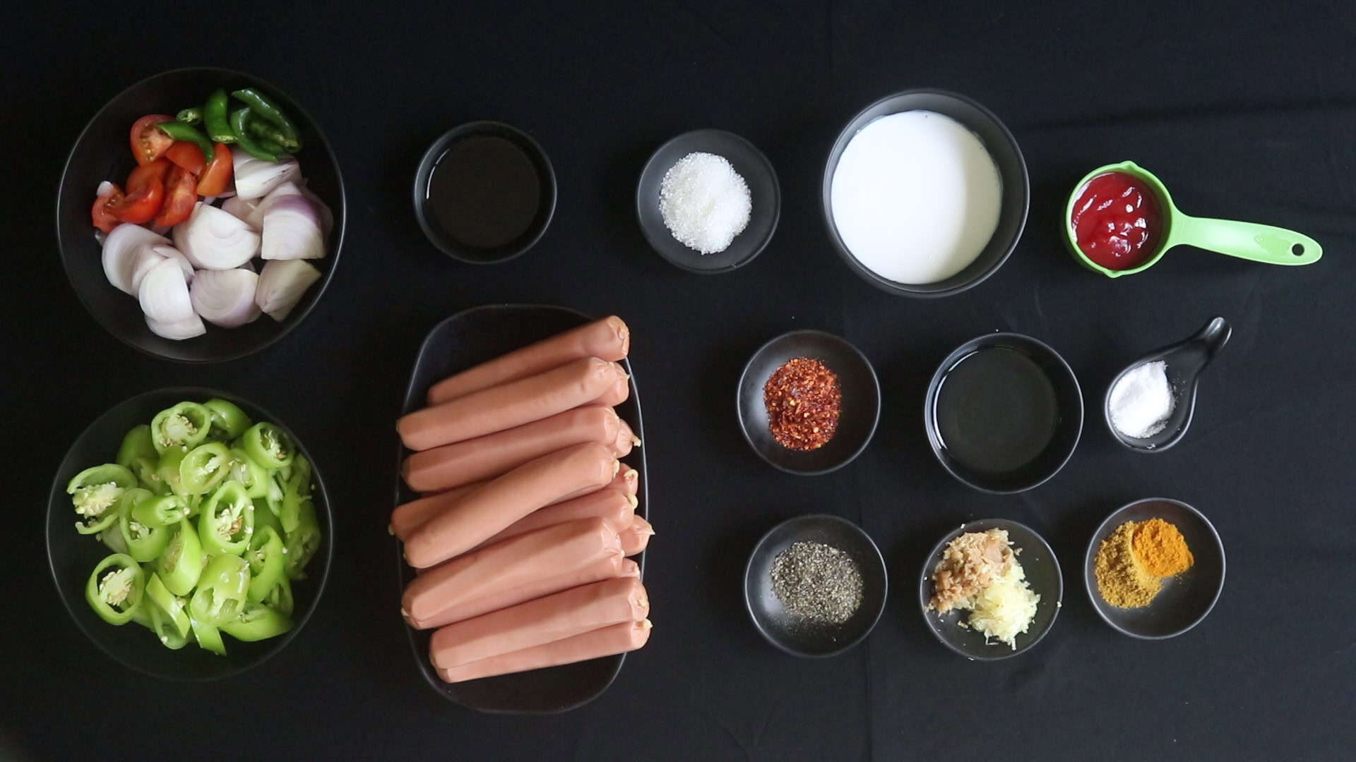 Ingredients to make the devilled sausages.